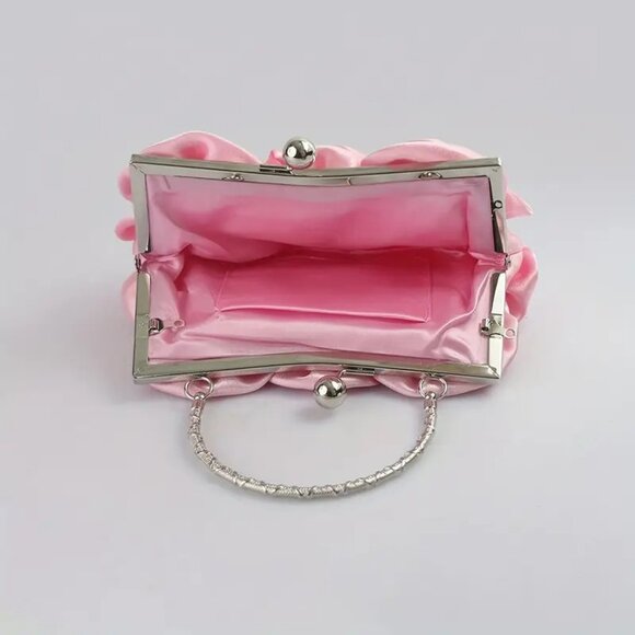 Prom / Wedding Pink Satin Roses Party Clutch Purse w/Rhinestone Handle & Chain - Picture 5 of 11
